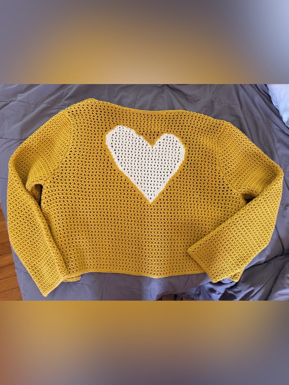 Cozy Mustard Yellow Crochet Sweater with White Heart